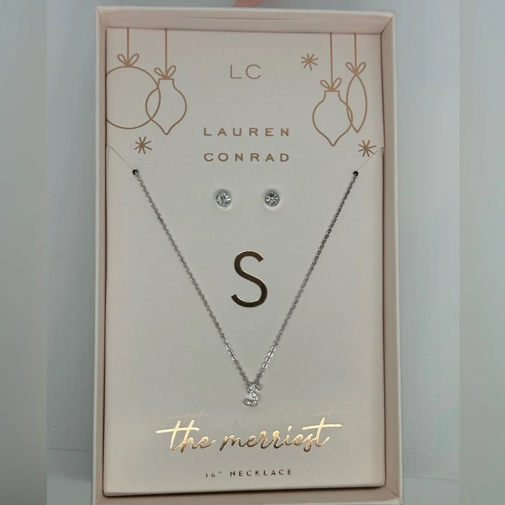 Box Set Silver Tone Crystal Initial “S” Pendant Necklace and Studs - Picture 5 of 5